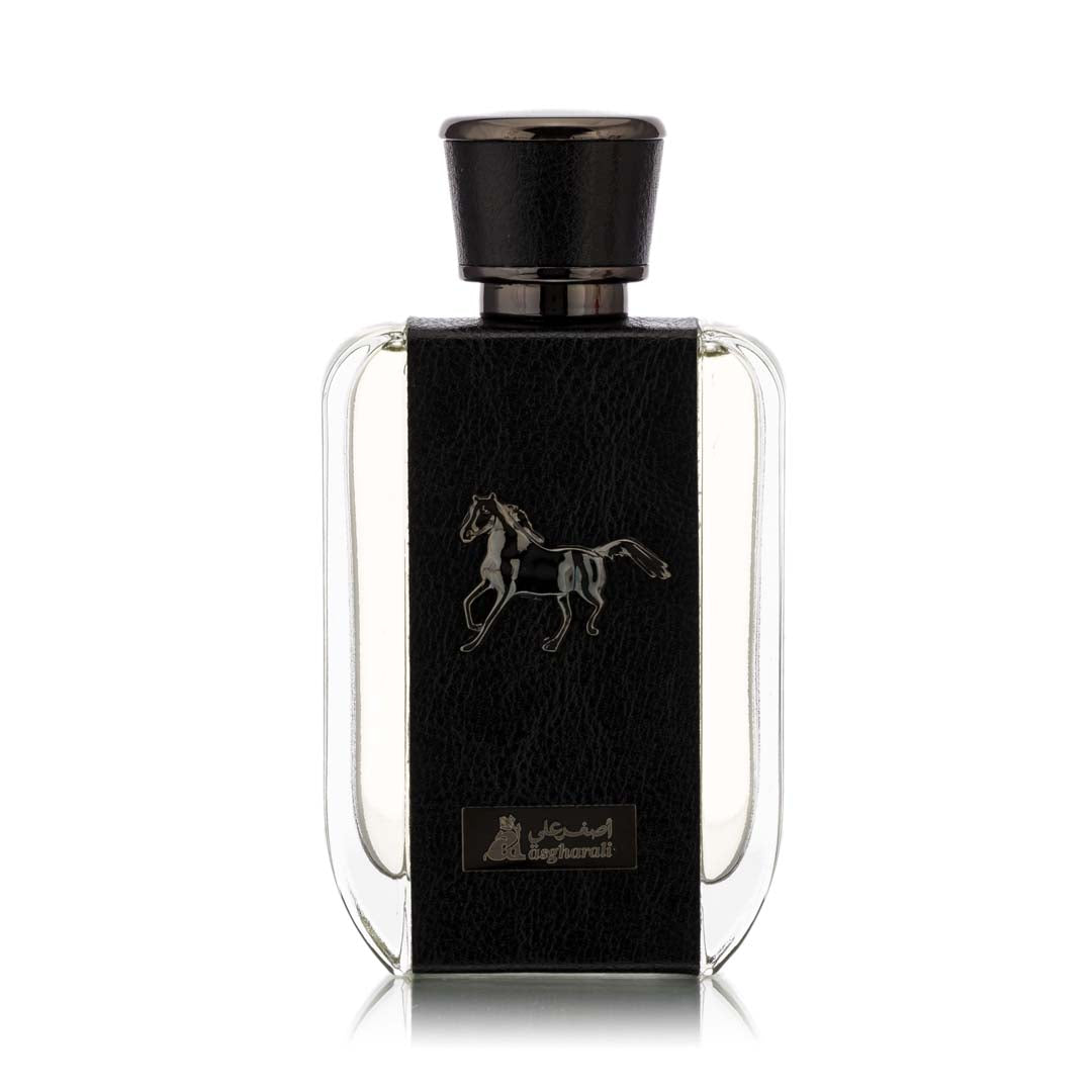 A black perfume bottle with a depiction of a horse in silver detailing.