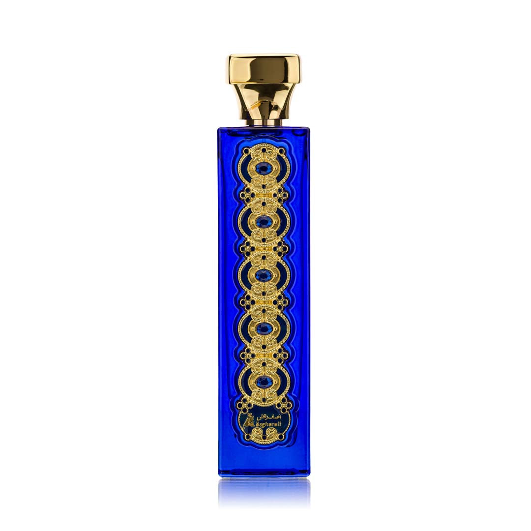 A tall, blue perfume bottle with gold accents and a decorative pattern, topped with a gold cap.