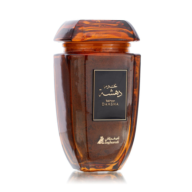 Front view of the Dahsha Bakhoor jar, highlighting the Asgharali branding and product detailing