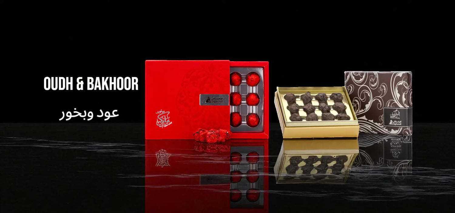 Red and gold boxes with Oudh & Bakhoor products on a black background