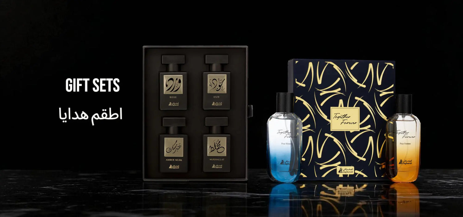 Gift sets with perfume bottles on a black background